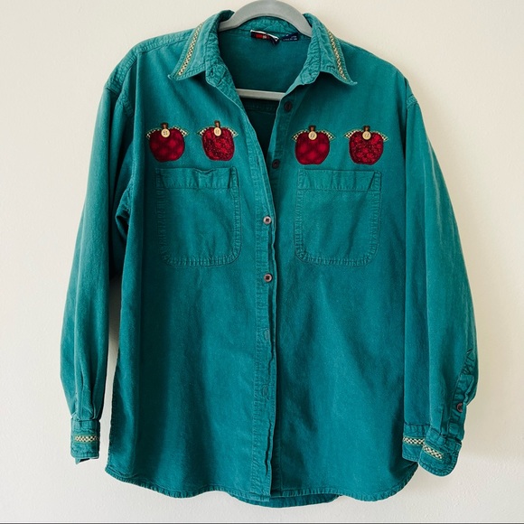 vintage 90s apple button down shirt blouse green cotton appliqué long sleeve top - Picture 5 of 6